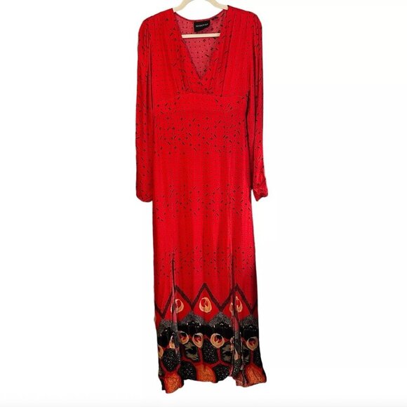 MINKPINK Women's Dancing Crane Maxi Dress M NWT Red Long Sleeve Slits - Picture 2 of 8